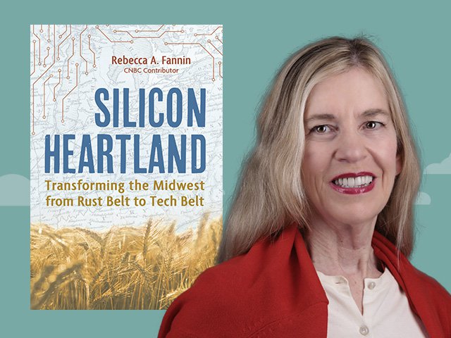 The book jacket for Silicon Heartland and photo of the author Rebecca Fannin.