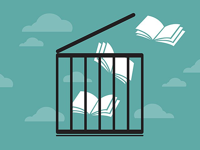 A graphic of books flying out of a cage like birds.