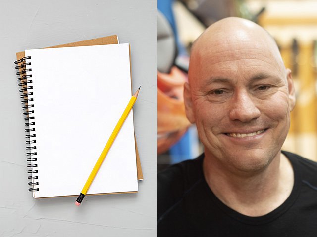 A blank notebook and pencil and photo of author Darren Bush.