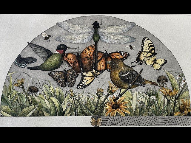 A painting of birds and butterflies.