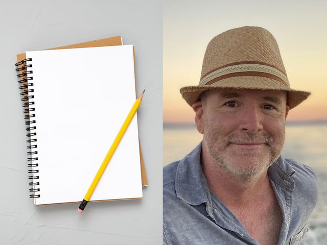 The essayist Isaac Nadeau wearing a straw hat and a blue-gray shirt, with a blank notebook and pencil.