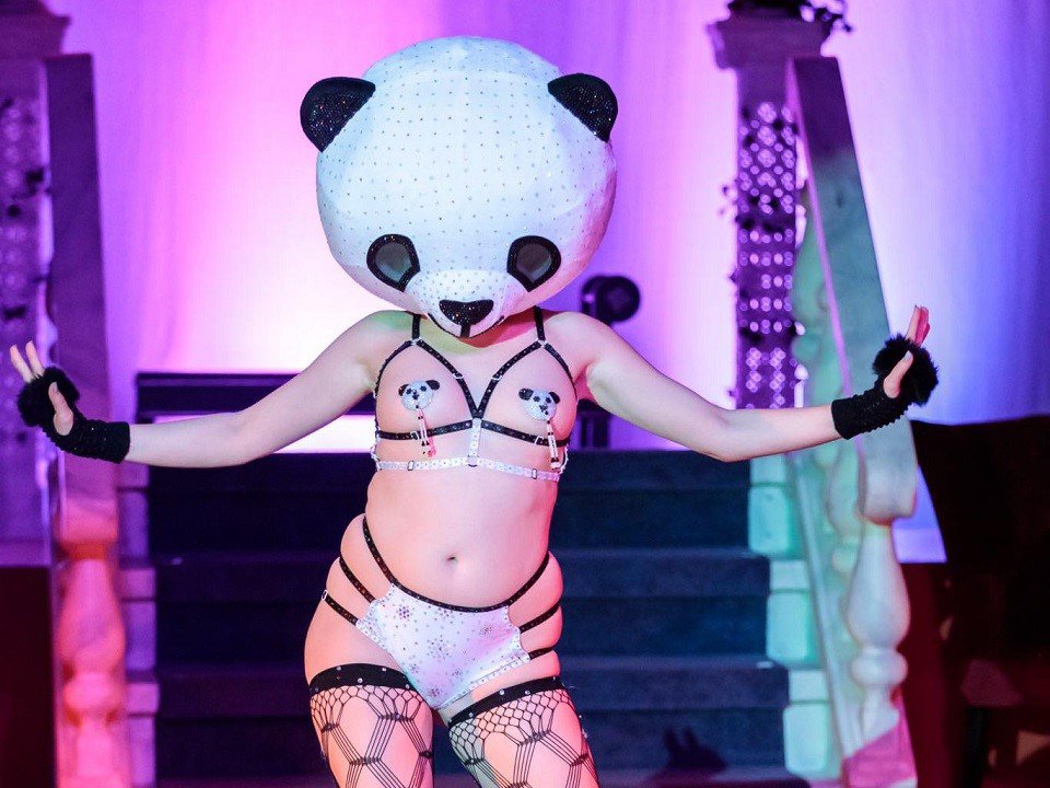 A burlesque dancer with a panda head.