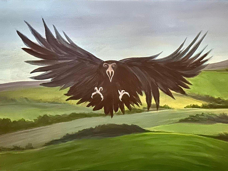 A painting of a bird flying.