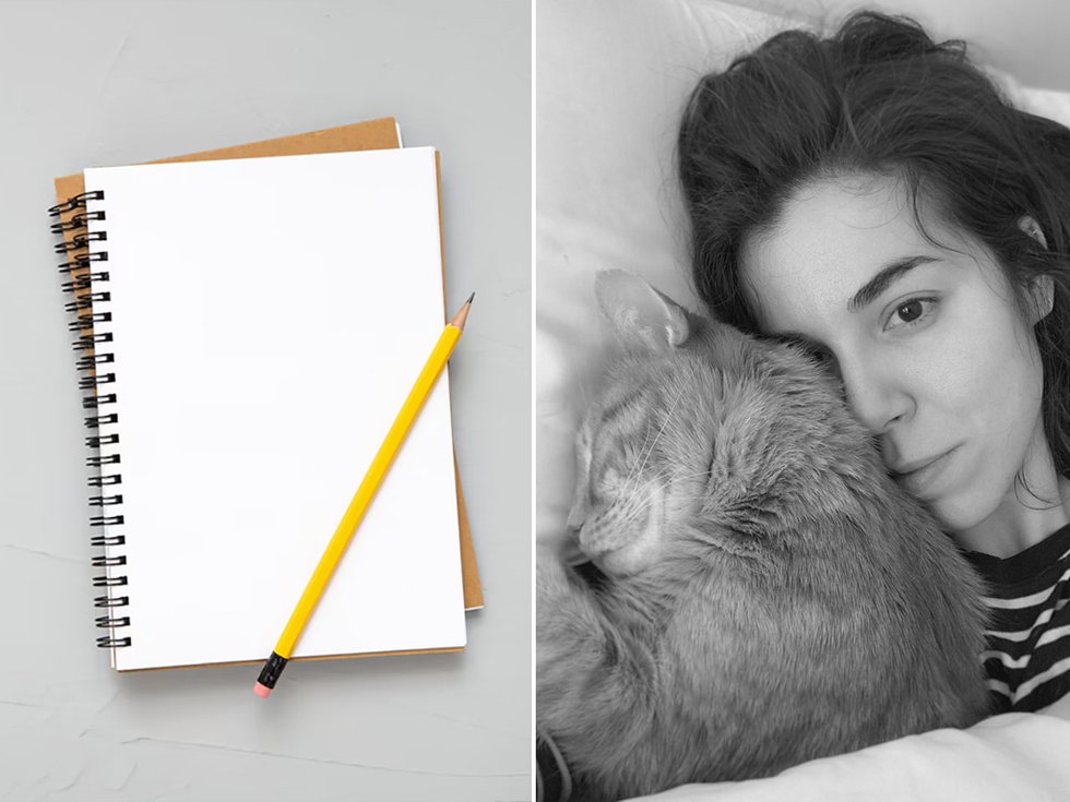A photo montage with a blank notepad and pencil on the left and a bloack and white photo of author Emily Denaro and cat on the right.
