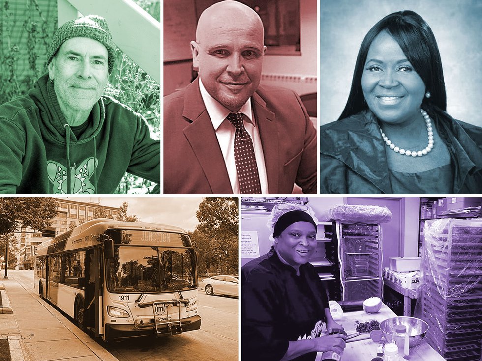 Clockwise from top left: Tag Evers, Tim LeMonds, Shelia Stubbs, Carmell Jackson, and a Madison Metro Bus.