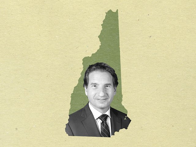 Dean Phillips inside of an outline of New Hampshire.