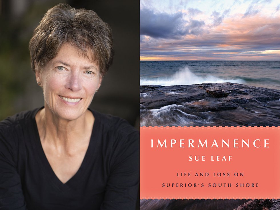 Sue Leaf in an author photo and the book cover, which shows waves and pink-blue clouds on Lake Superior.