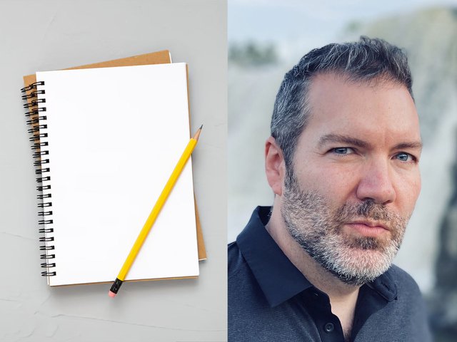 A blank pad of paper and a pencil and a photo of author Christopher Morris.