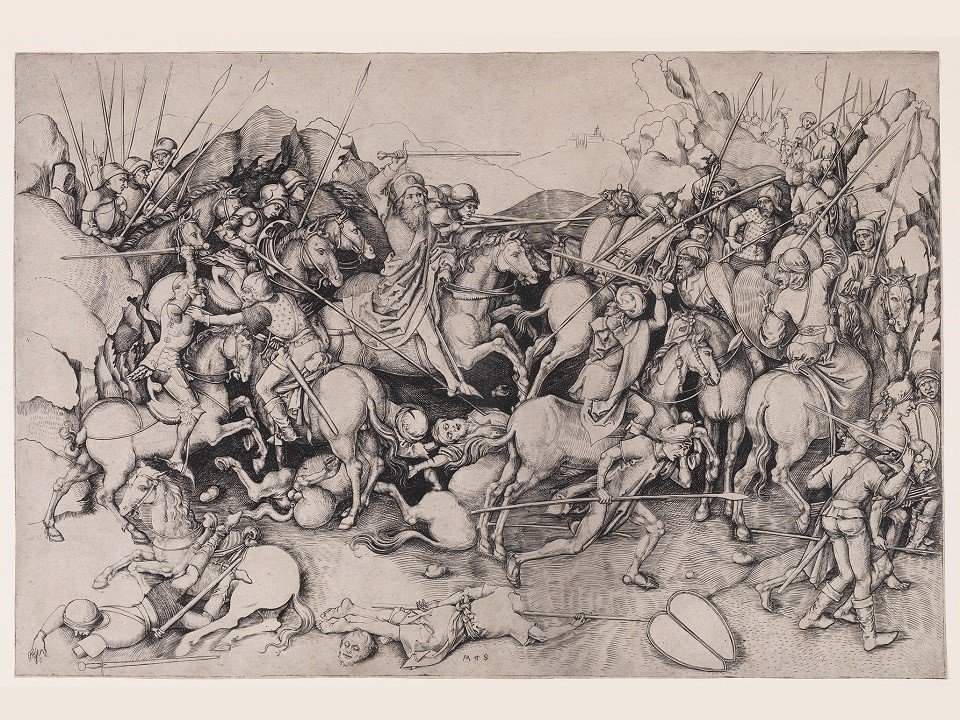 An engraved depiction of "Battle of Saint James at Clavijo."