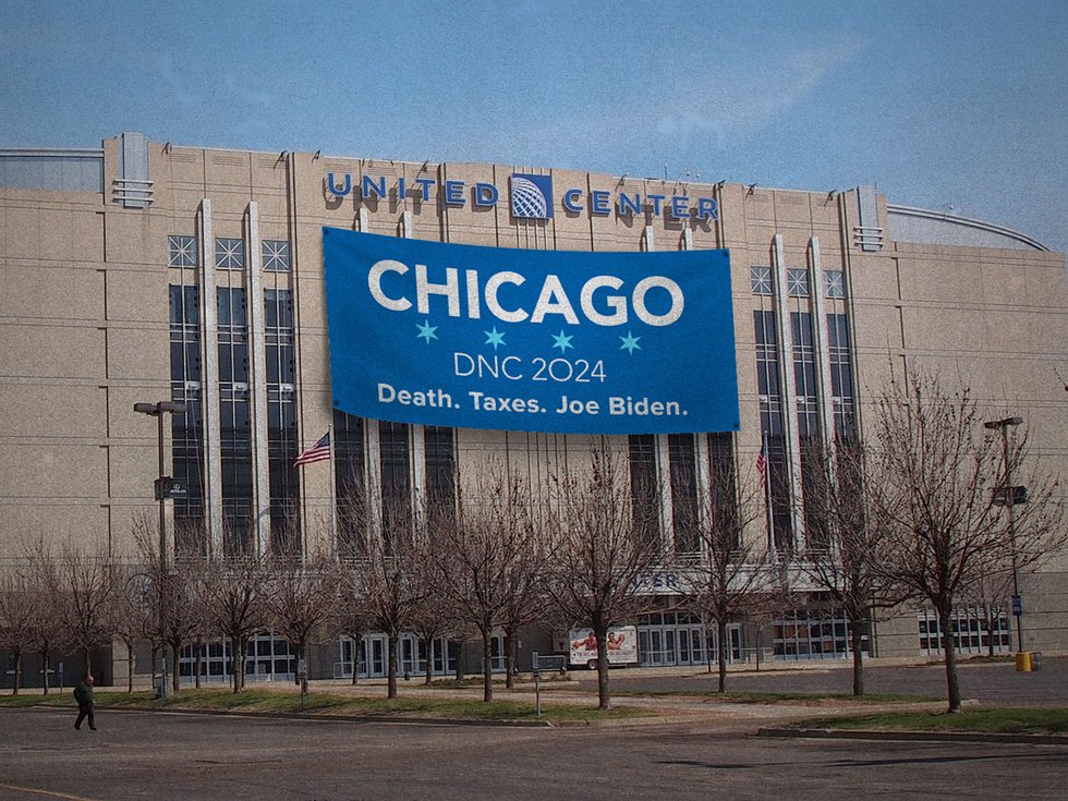 A sign for the Democratic National Convention at the United Center in Chicago.