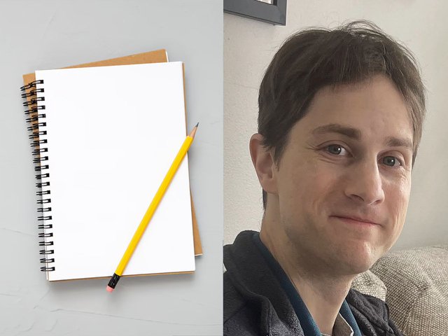 A photo of a notepad and a pencil and a headshot of essayist Daniel Eckberg.