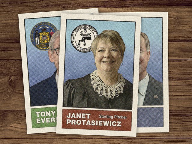 Baseball cards of Janet Protasiewicz, Tony Evers, and Robin Vos.