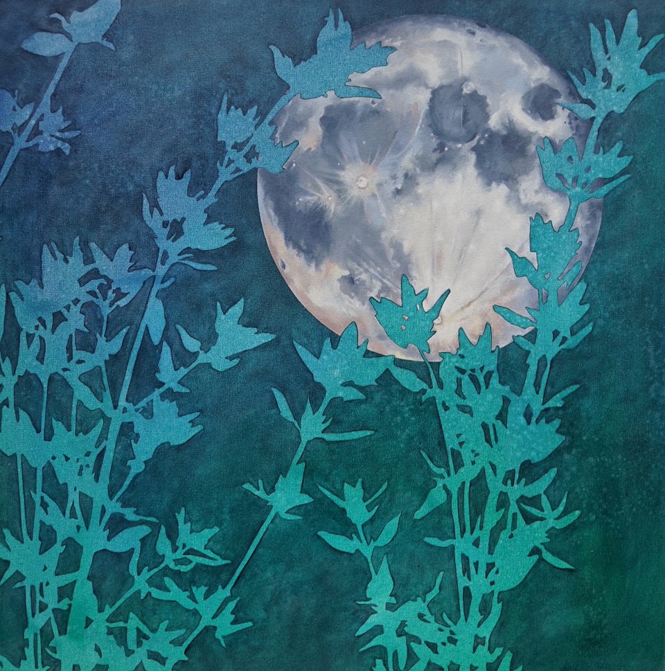 A painting of plants silhouetted in front of the moon.