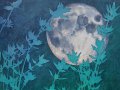 A painting of plants silhouetted in front of the moon.