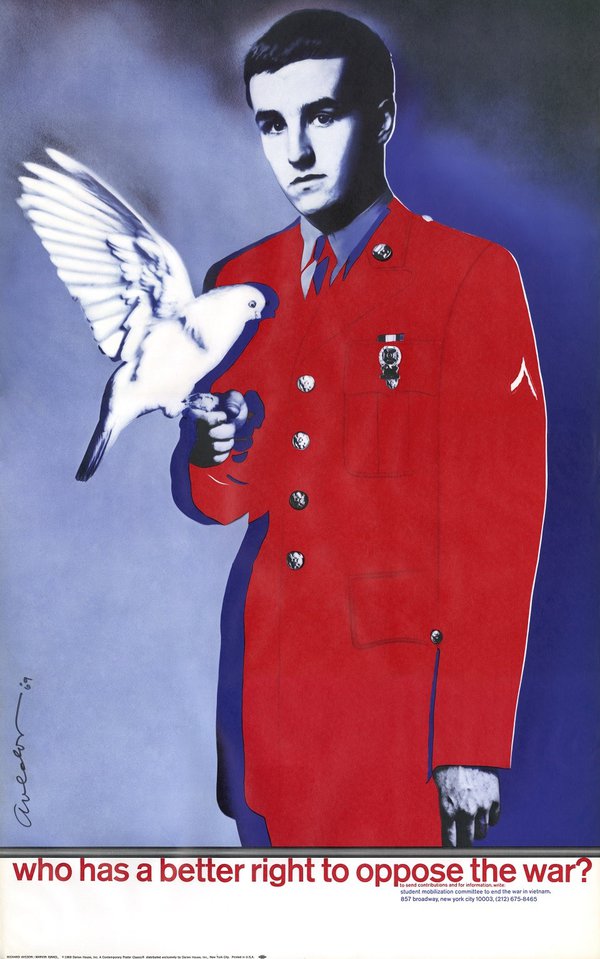 Vintage poster featuring anti-war soldier David Cortright holding a live dove.