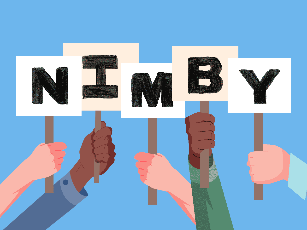 Protest signs switching from "NIMBY" to "YIMBY."