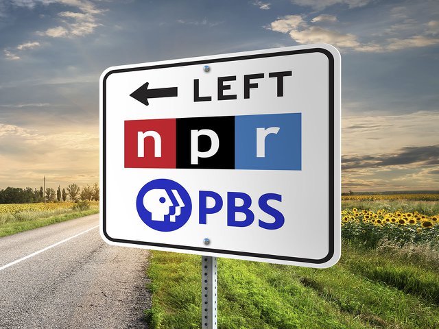 A road sign with the NPR and PBS logos on it pointing left.