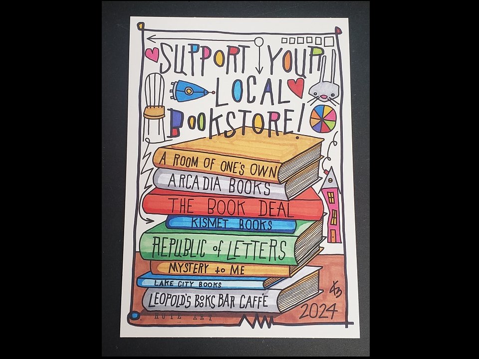 Hand-drawn poster of books and the slogan Support your Local Bookstore.