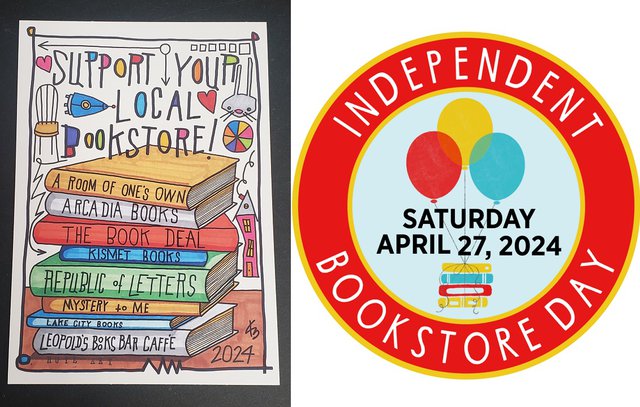 Hand drawn poster for Independent Bookstore Day on left; official logo on the right features a red cirecle with balloons and books in the middle.