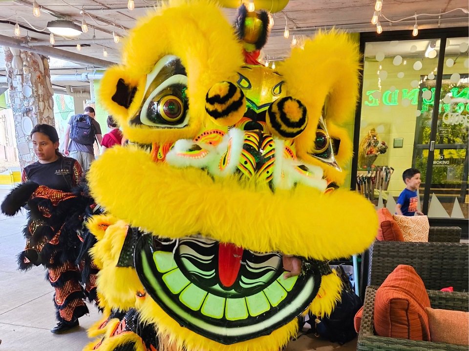 A lion dancer from the Zhong Yi Kung Fu Association Traditional Folk Performing Arts Troupe at a past Madison Children's Museum event.