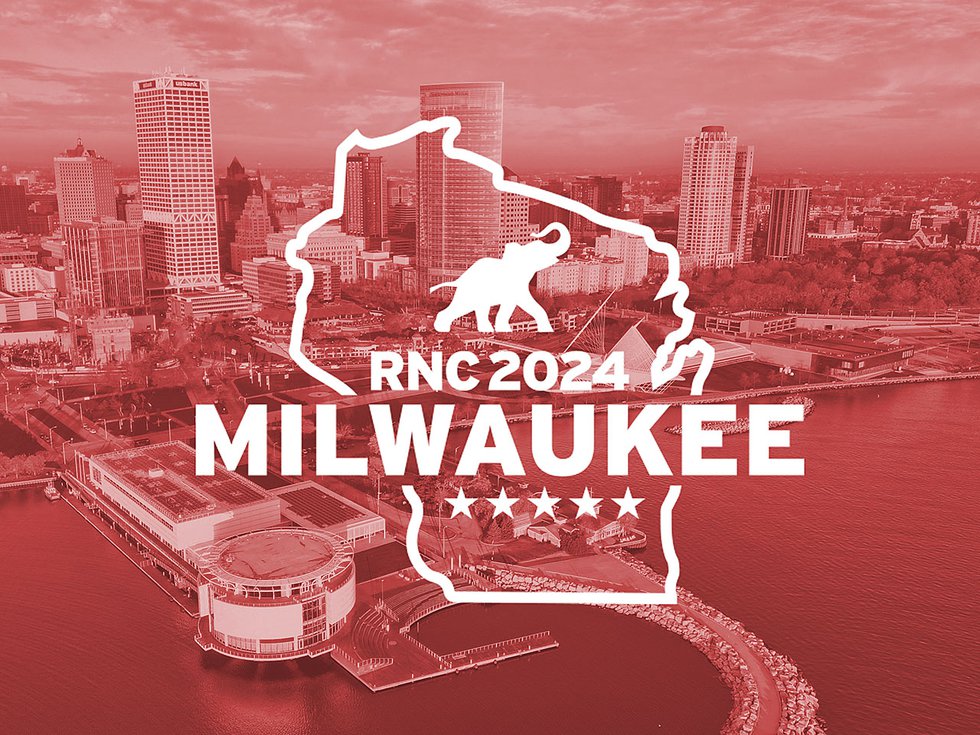 The Republican National Convention logo in front of a photo of Milwaukee.