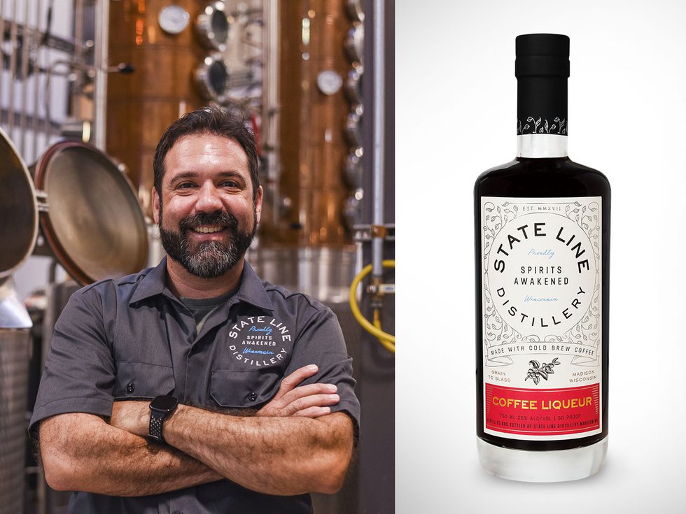 John Mleziva, founder of State Line Distillery, next to a bottle of coffee liqueur.