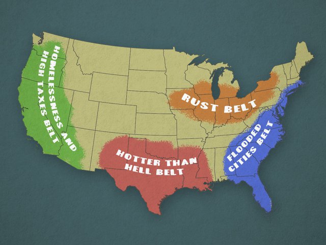 The United States showing the Rust Belt and several fake "belts."
