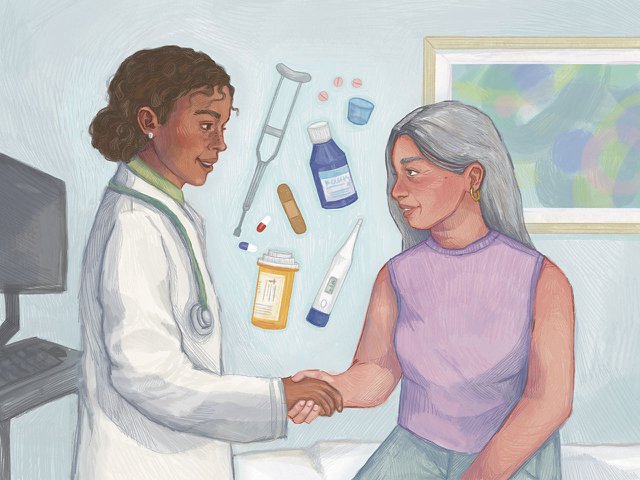 A doctor shakes hands with a patient.