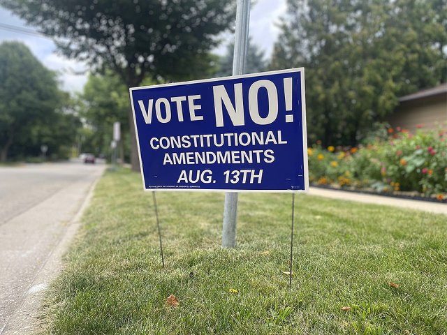 A yard sign telling telling voters to vote "no" on August 13.