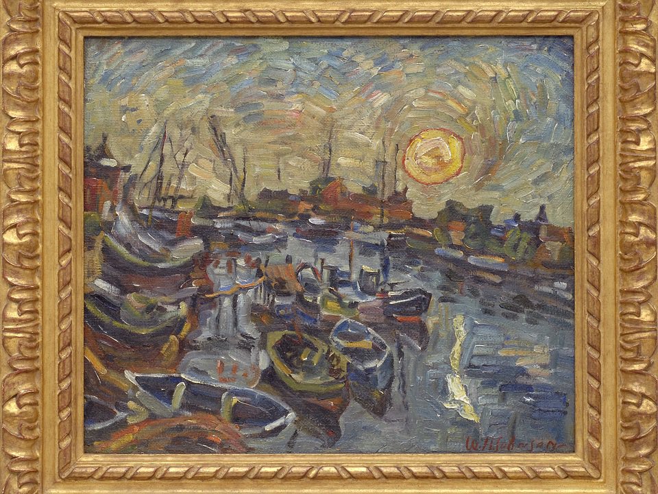 A painting of boats in a harbor.