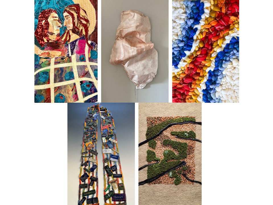 A collage of images of fiber works.