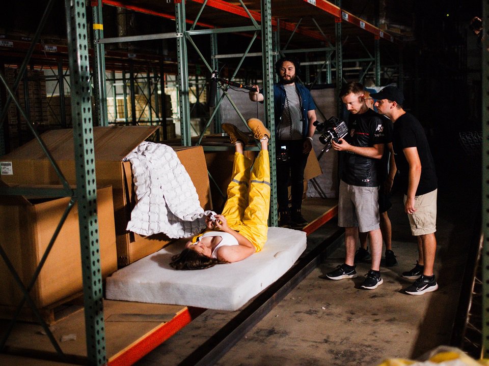 The crew of Chair on Stair Films rehearses a scene for their sci-fi film, "Sirius Beta."