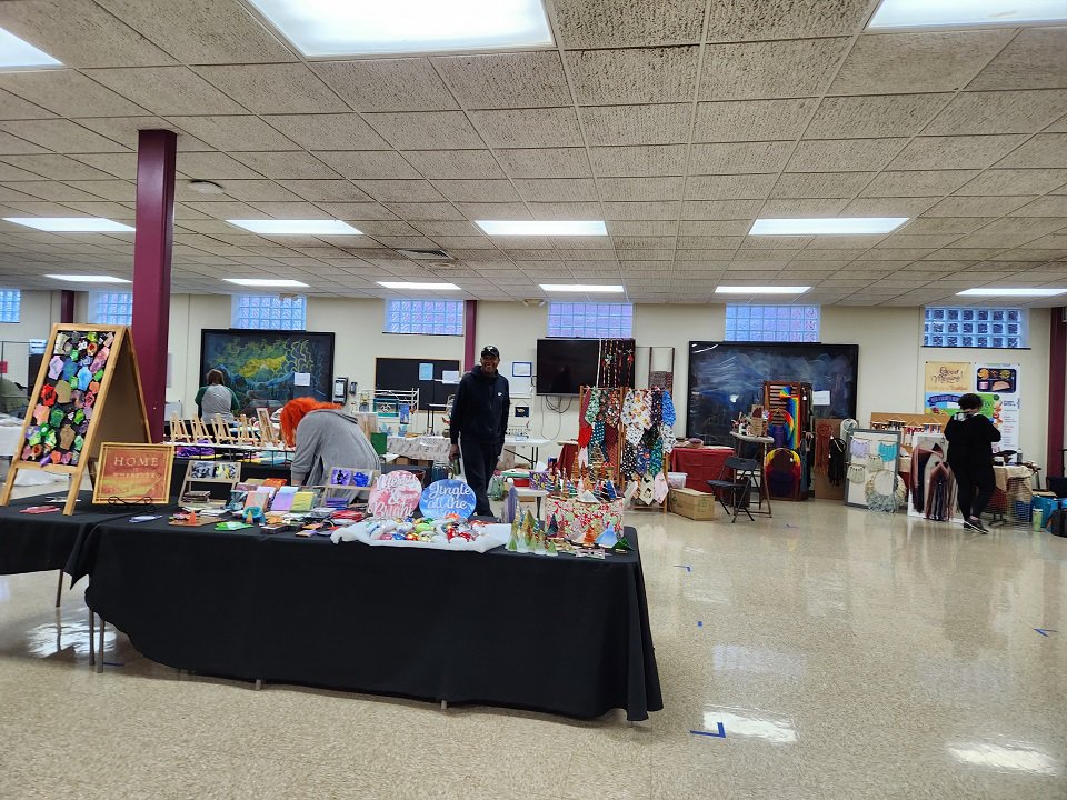 Booths at the 2023 Sennett Community Winter Craft Market.