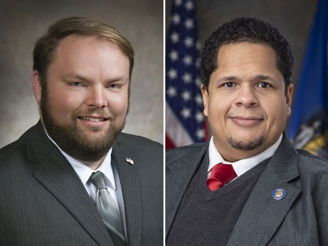 Assembly Majority Leader Tyler August (left) and Republican Sen. Julian Bradley, the amendment’s chief Senate sponsor.