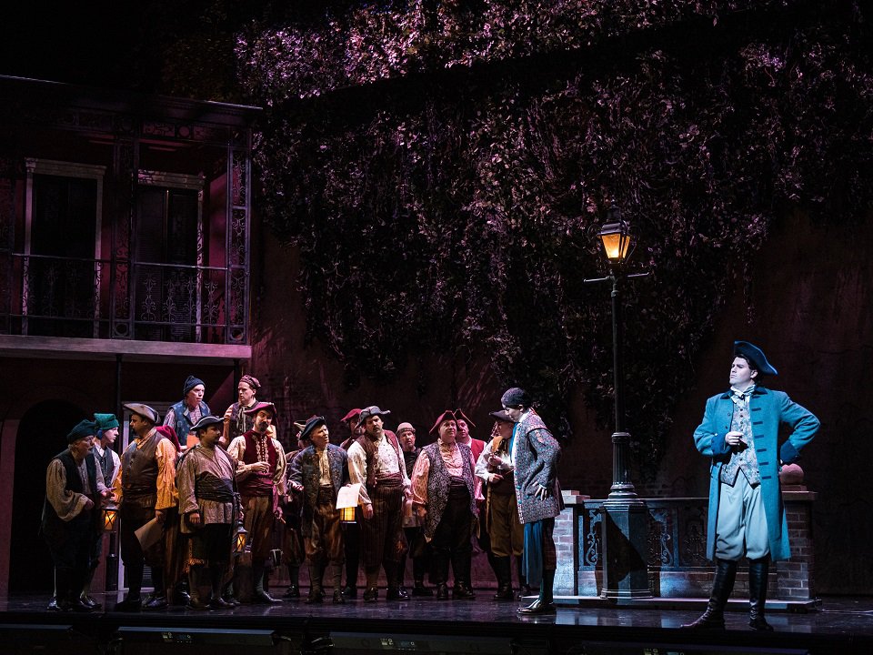 The Madison Opera Chorus, Lifan Deng, and David Walton in "The Barber of Seville."