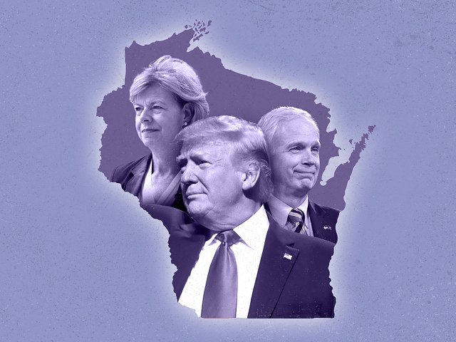 From left: Tammy Baldwin, Donald Trump and Ron Johnson inside a purple map of Wisconsin.