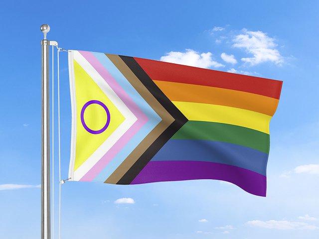 The Progress Pride flag waving in front of a blue sky.