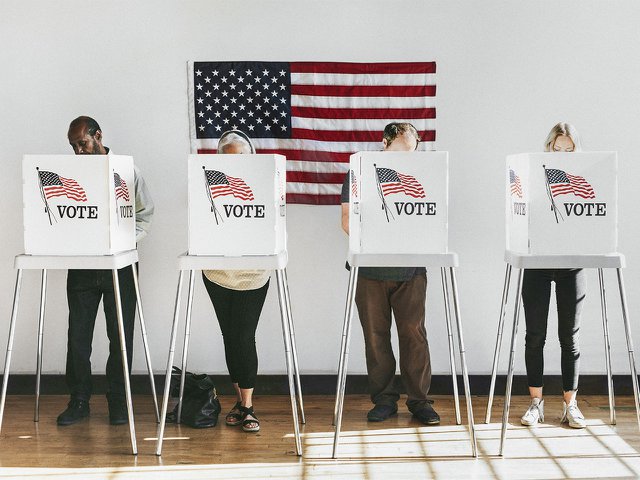 Four people voting at voting booths.