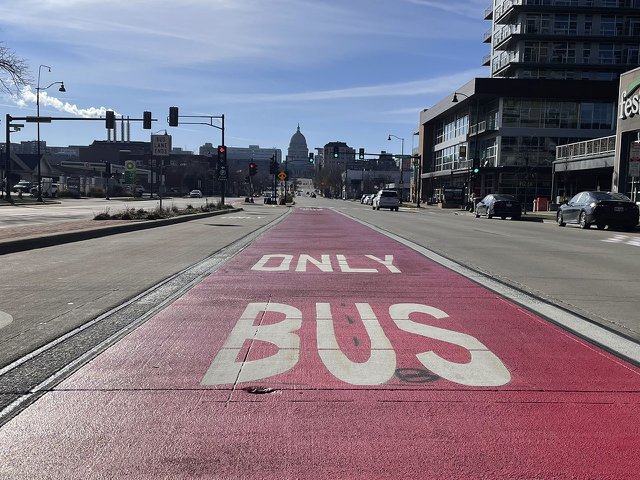 The BRT bus lane leading to the Captiol on E. Washington Ave.