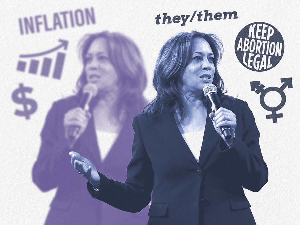 Two images of Kamala Harris, one discussing abortion and transge