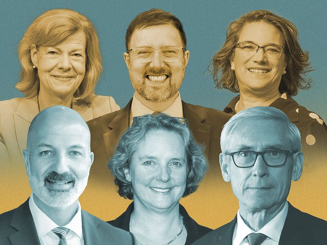 Clockwise from top left: Tammy Baldwin, Ben Wikler, Melissa Agard, Tony Evers, Satya Rhodes-Conway, Joe Gothard.