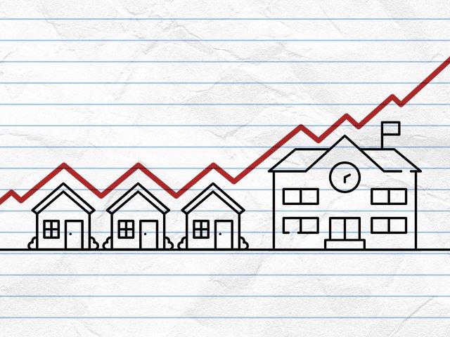 A drawing of house and school icons on lined paper with a line g