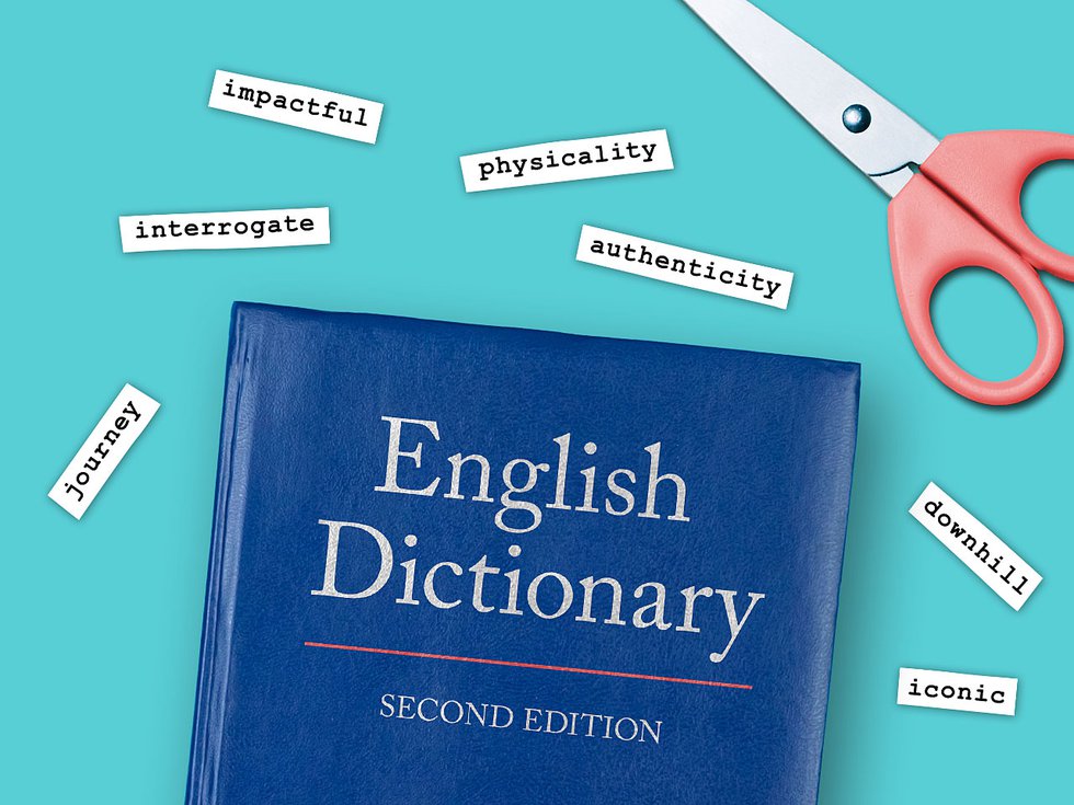 A dictionary and pair of scissors next to words that have been c