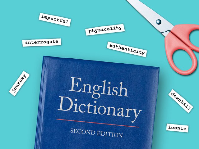 A dictionary and pair of scissors next to words that have been c