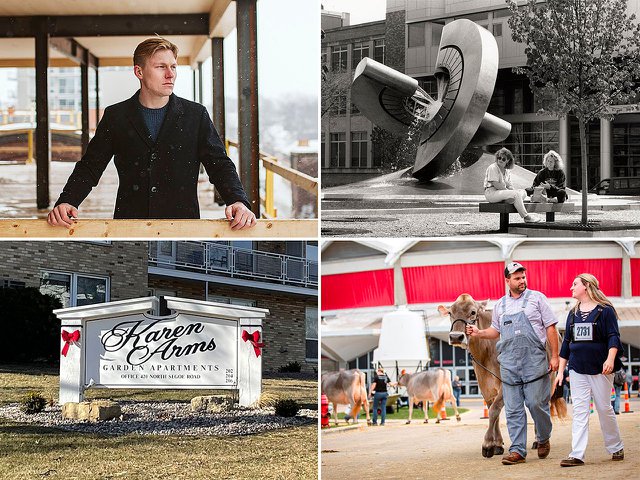 Clockwise from top left: Nate Helbach, The Maquina fountain, World Dairy Expo, and Karen Arms Apartments.