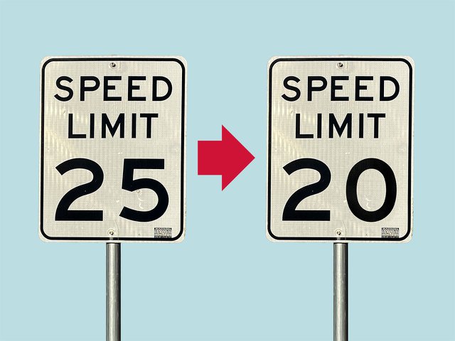 A 'speed limit 25' sign next to a 'speed limit 20' sign.