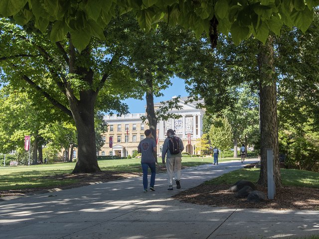 UW students walking up Bascom Hill.