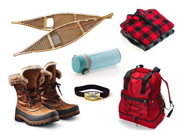 Snowshoes, a thermos, boots, and other winter activity equipment