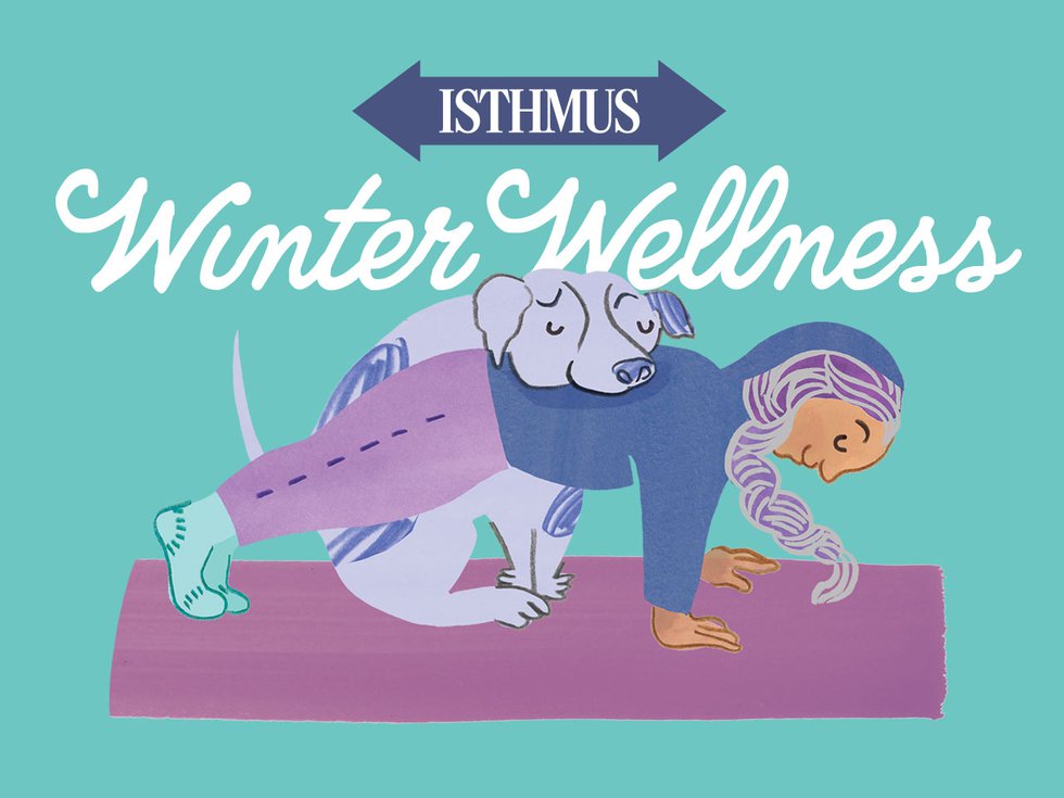 The Winter Wellness logo and an illustration of a woman doing yoga with her dog.